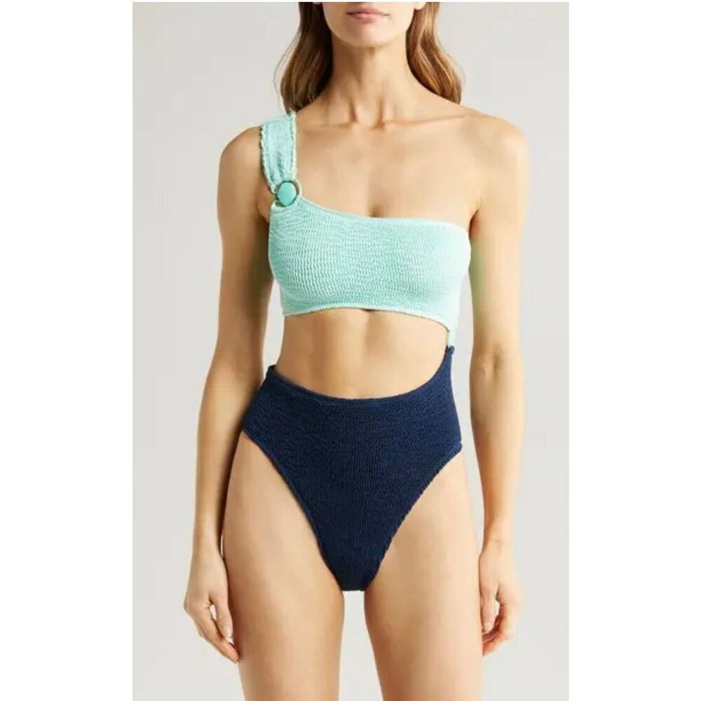 Cleonie Cutout One-Shoulder Seashell Swimsuit | One Size in Teal and Blue